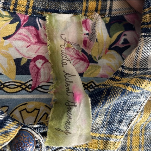Aratta Silent Journey Heart Feels Plaid Button Down Floral Back Cotton Sz Small - Picture 3 of 5